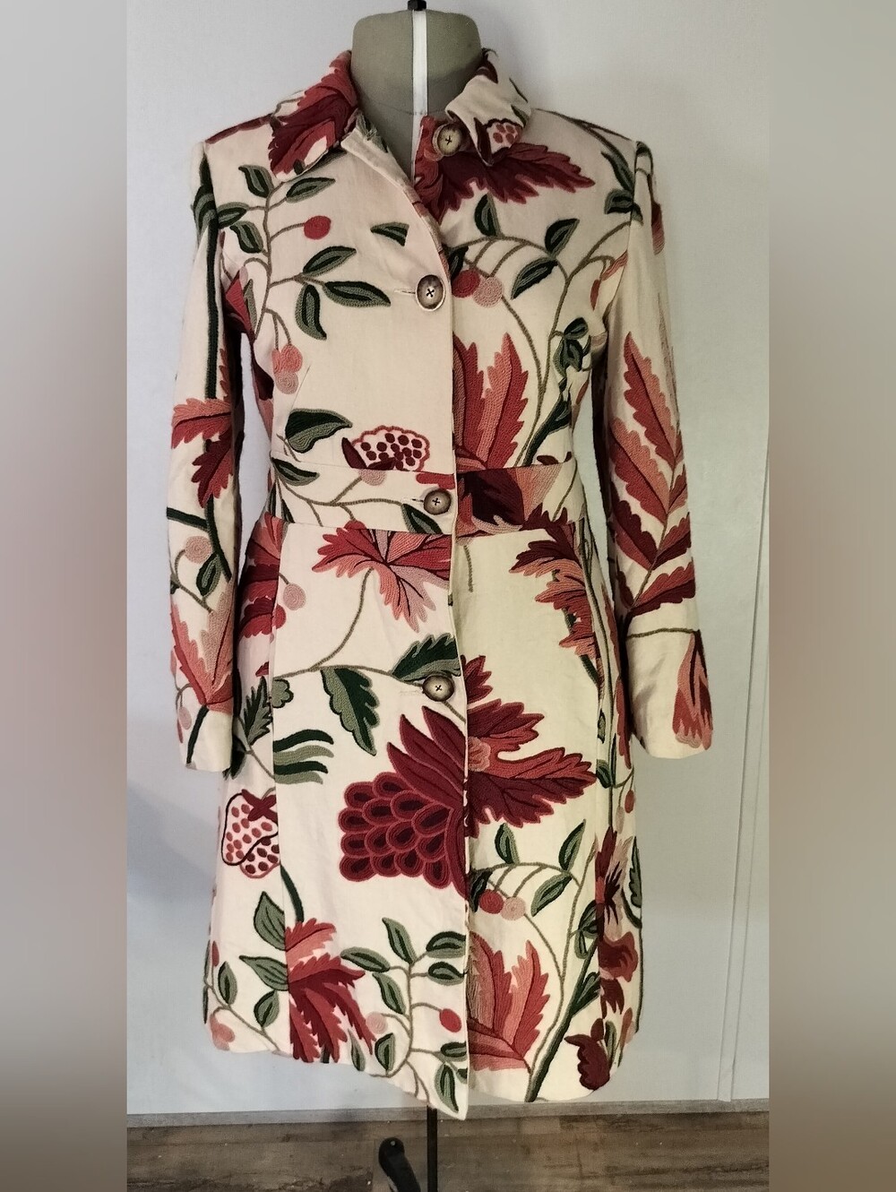 Floral Cream Trench Coat with Red & Green Botanical Print